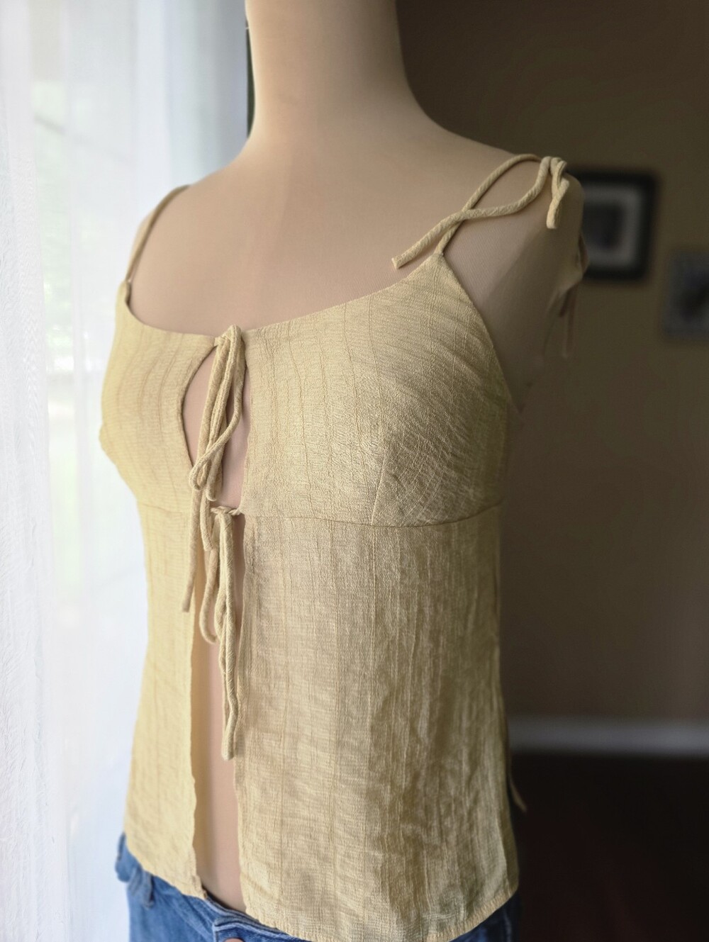 VRG Girl Pale Yellow Tie Front Boho Cami Top - Size Small AU 12 Y2K Baddie Vibes - Picture 2 of 10